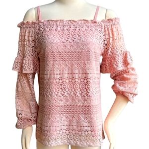 Parker off the shoulder boho eyelet lace top, rose pink